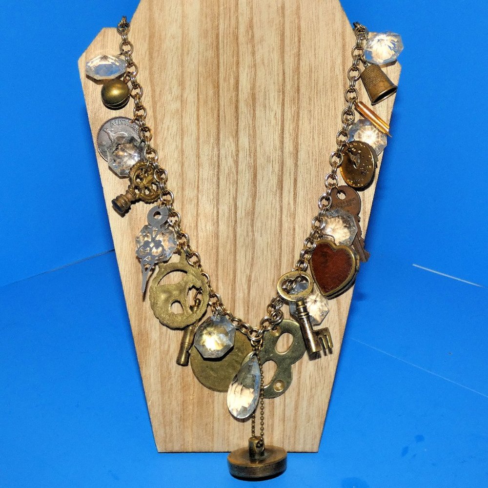 Vintage Keys & Trinkets Loaded Charm Necklace Kitschy Baubles Artisan Handmade